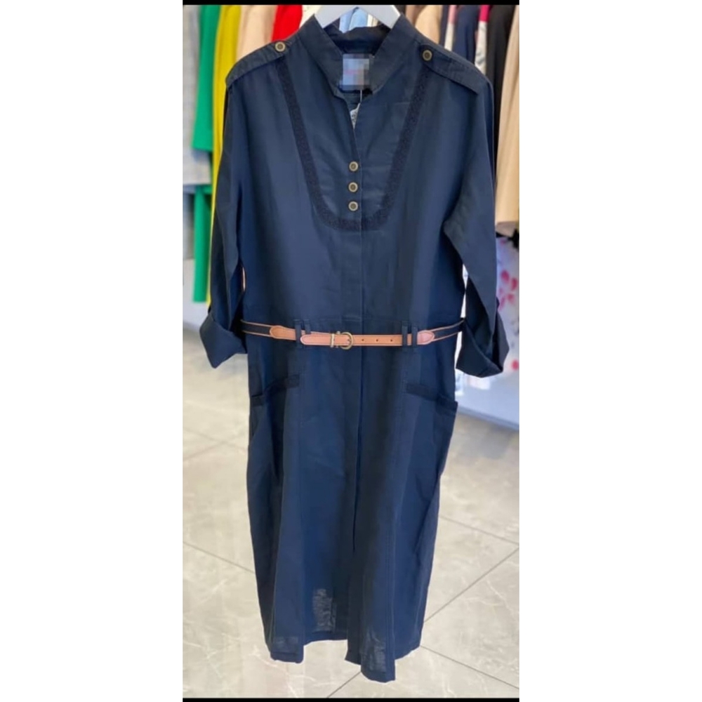 Chic Navy Long Sleeve Dress with Belt